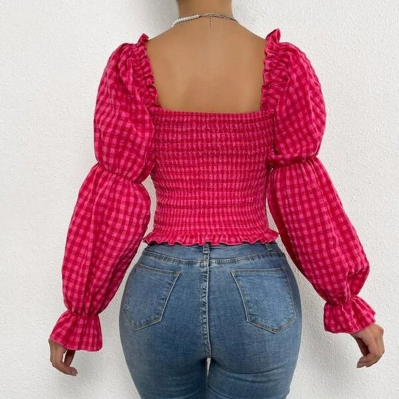 Pink Gingham Drawstring detail Frill Trim Shirred Blouse Top - Picture 3 of 6
